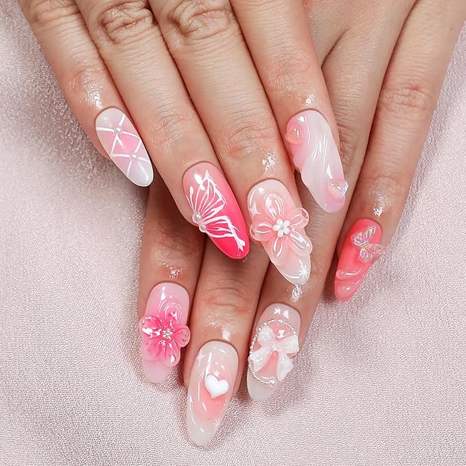 Handmade Press on Nails Pink Medium Almond Fake Nails with 3D Flower Butterfly and Bow Design Luxury Pearl Water Ripple Thick Stick on Nails Muti-Layer Gel Acrylic Nails for Women Nail Art (Size S)