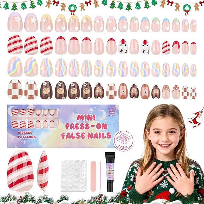 16 Sizes 128 Pieces Press on Nails for Kids, 4 pack Kids Nail Kit Colorful Flower Almond Fake Nail Tips for Girls 8-12 Years Old with Jelly Nail Adhesives & Nail Glue Birthday Easter Gifts