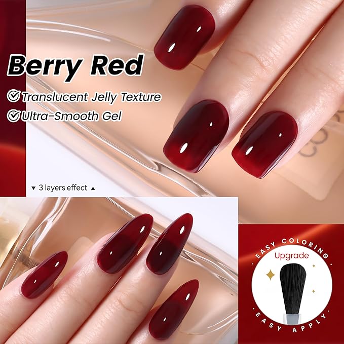 YTD Likomey Nude Gel Nail Polish,15ml Berry Red Translucent Neutral Jelly Sheer Blood Red Glass Salon Home DIY Manicure Fall Winter UV Color Varnish,LS301