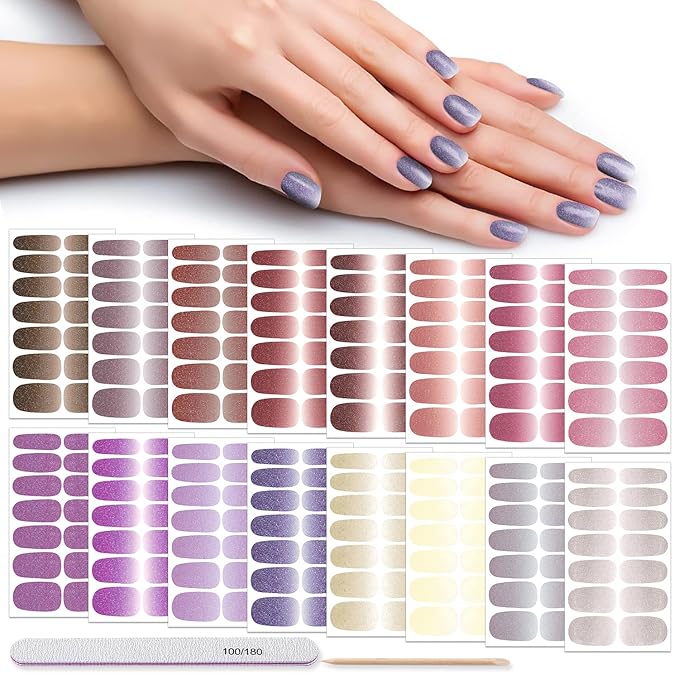 DANNEASY 16 Sheets Nail Polish Strips Full Nail Wraps Self Adhesive Nail Polish Stickers Gel Nail Strips Sticker Nails for Women Nail Art Accessories with 1pc File, Cuticle Stick (Gradient Glitter)