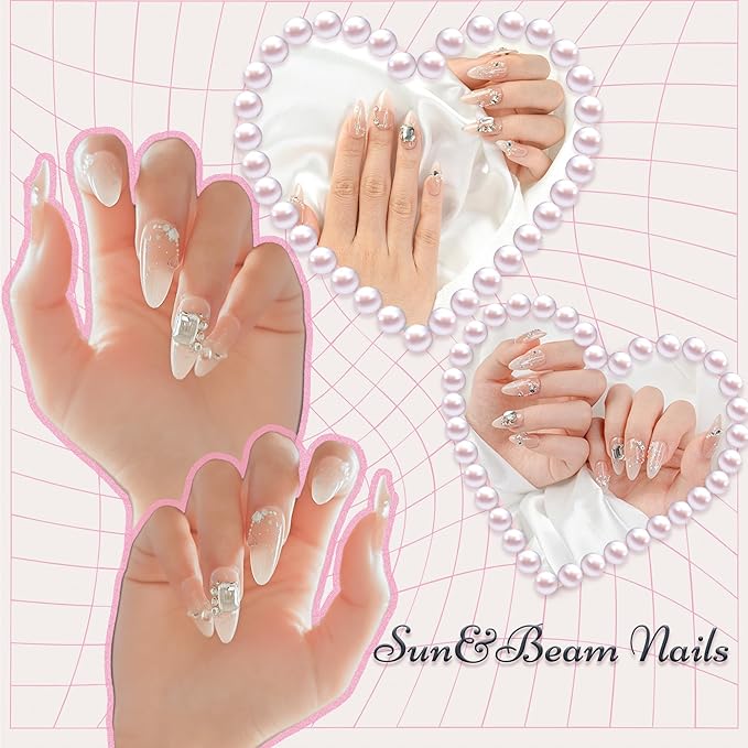 Sun&Beam Nails Handmade Press-on Medium Amlond Nude Beige Rhinestone 3D Ombre Design Fashion False Nail Tips 10 Pcs Set (#176 M)