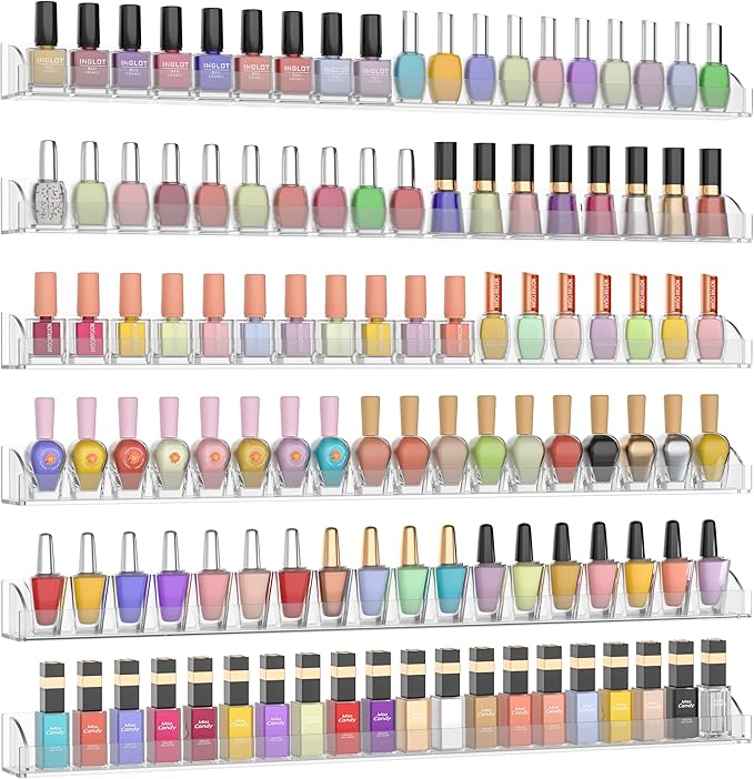 24 Inch Clear Nail Polish Wall Rack with Removable End Caps Set of 6, Acrylic Nail Polish Organizer Wall Mounted,Nail Polish Sorage Shelves for 150 Bottles (24 Inch)