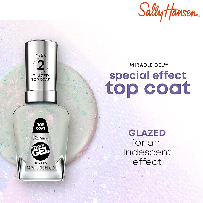 Sally Hansen Miracle Gel Nail Polish Special Effect Top Coat | Salon Quality, Gel-Like Formula, Two-Step System, No UV Light Needed, Long Lasting | Sheer, Glossy | 108 Glazed Top Coat