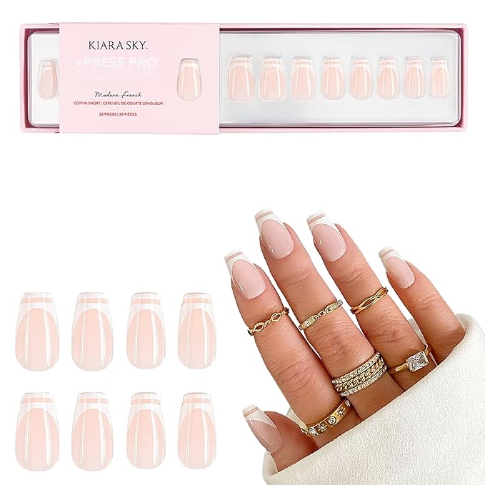 Kiara Sky Press On Nails | XPRESS PRO 100% Acrylic Nails | 30-Piece Kit Includes Nail Glue, Cuticle Pusher, File & Prep Pad | Coffin Short - Modern French