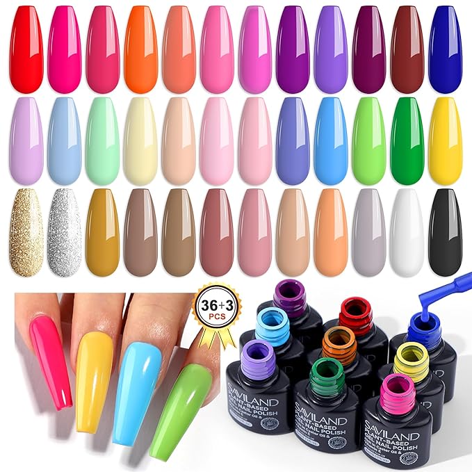 SAVILAND 36 Colors Gel Nail Polish Set: 39 PCS All Season Gel Nail Polish Sheer Glitter Solid Charm Colors with Base Gel Glossy Matte Top Polish Set Christmas Gifts for Manicure Nail Art