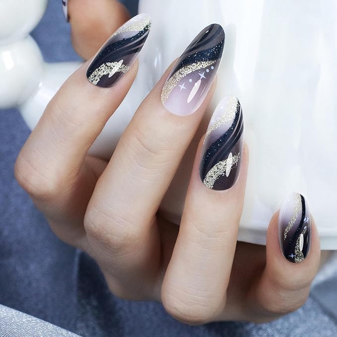 Black French Tip Press On Nails Almond Medium Length, Reusable 24 Piece Handmade False Nails with Wear Resistant Sealer