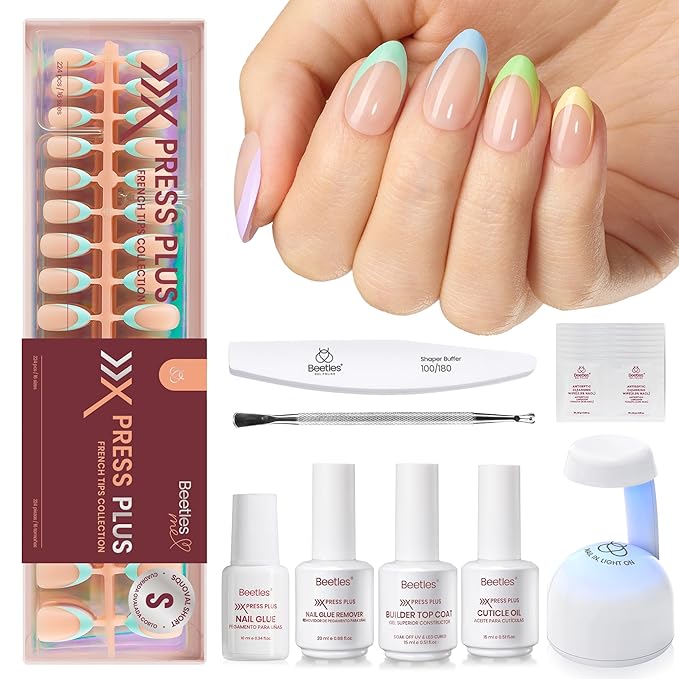 Beetles X Press Plus French Tips Press On Nails, 16 Sizes 224 Pcs Pastel Short Almond Press On Nails Gel Nail Tips Pre-Applied Primer Base Coat Soak Off Uv Nail Extension Manicure Gift for Women
