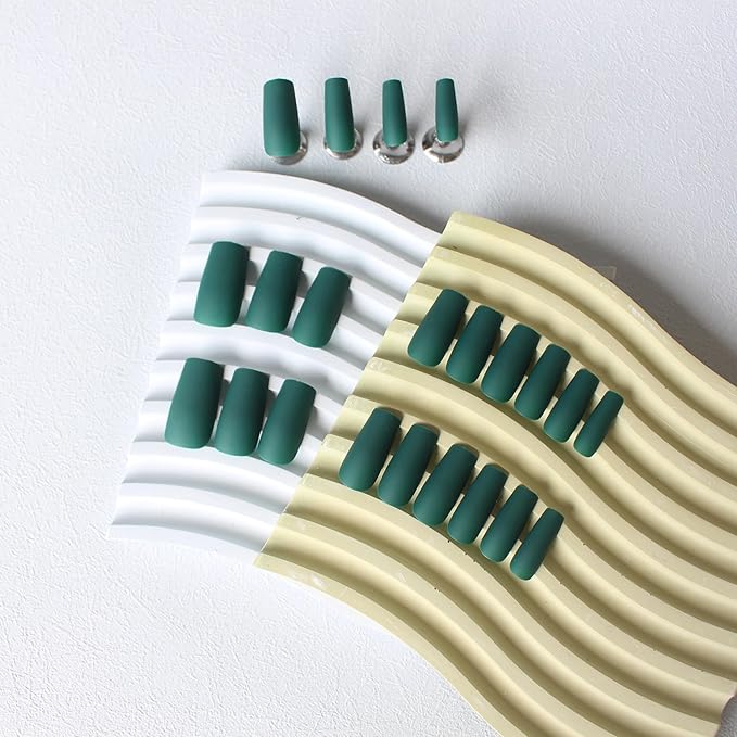 KQueenest Matte Dark Green Press on Nails Long Medium Square, Fake Nails Medium Coffin, Opaque Color Acrylic Nails Press ons, Reusable Soft Gel Glue on Nails for Women Fall Winter