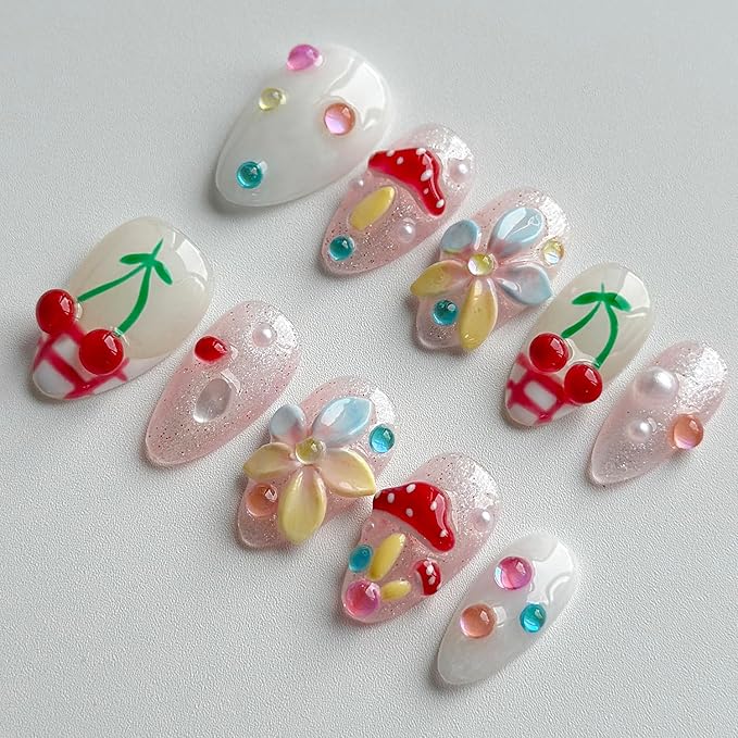 Luxury Press on Nails Short Almond Handmade 3D Unique Reusable ABS Material Fake Nails French Tip False Nails with Designs Mushroom Flower Glitter Glossy Glue on Nail Thick Acrylic Nail(S)