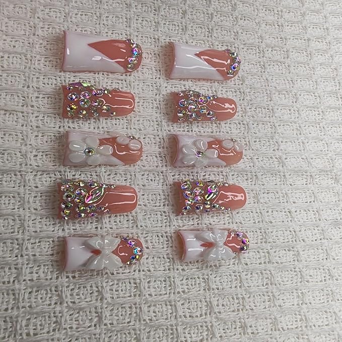 Handmade Nails Duckbill Shape Sweet Luxury Style Peach Pink White Base 3D Bow Charms Iridescent Rhinestone Delicate Pattern Glossy Surface Fashion Manicure Press on Nails 10 pcs (S)