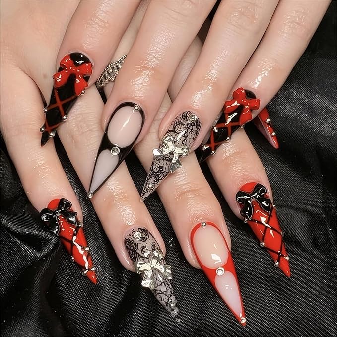 Long Press on Nails Stiletto Fake Nails Red Black French Tip False Nails Glossy Glue on Nail with 3D Bow Design Acrylic Nails Press ons Full Cover Stick on Nail for Women Manicure 24Pcs