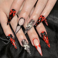 Long Press on Nails Stiletto Fake Nails Red Black French Tip False Nails Glossy Glue on Nail with 3D Bow Design Acrylic Nails Press ons Full Cover Stick on Nail for Women Manicure 24Pcs