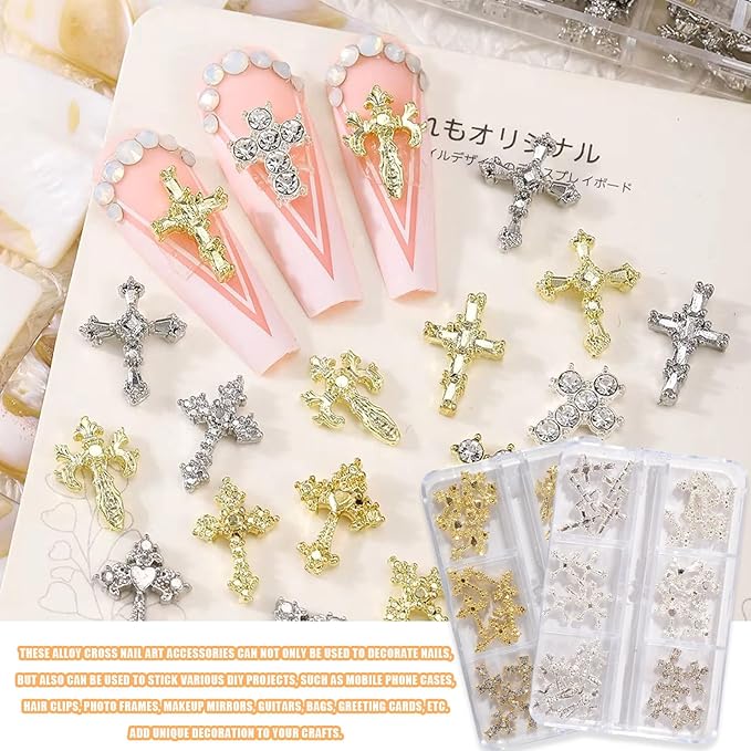 3D Cross Nail Charms for Nail Art, 60 Pcs Metal Crystal Cross Nail Decorations, Alloy Nail Studs and Rhinestones for Women Girl DIY Jewelry Crafts Supplies (Silver)