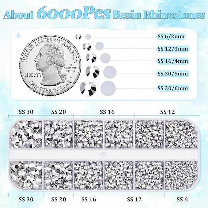 6000Pcs Resin Rhinestones for Bedazzling with 3Pcs B7000 Jewelry Glue, 1 Box Silver Flatback Rhinestones for Crafting Crafts DIY, Crystals Gems for Clothing Shoes Tumblers Nail Art Makeup
