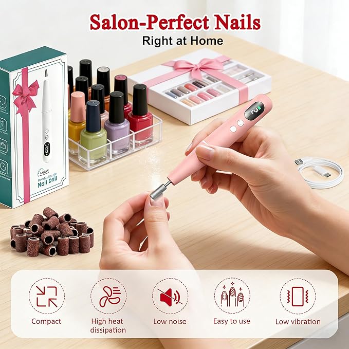 Salon-Grade Electric Nail Drill – Professional Cordless Nail File with LED Display, 6 Specialized Bits & 26 Accessories for Gel/Acrylic Nails & Thick Toenails (Light Pink)