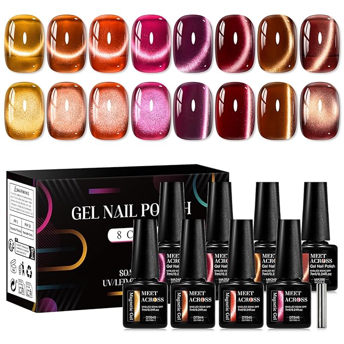 MEET ACROSS 9PCs Cat Eye Gel Nail Polish Set, Amber Brown Wine Burgundy Red Coral Caramel Jelly Cat Eye Gel Polish with Magnet, Fall Winter DIY Manicure Gifts