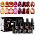 MEET ACROSS 9PCs Cat Eye Gel Nail Polish Set, Amber Brown Wine Burgundy Red Coral Caramel Jelly Cat Eye Gel Polish with Magnet, Fall Winter DIY Manicure Gifts