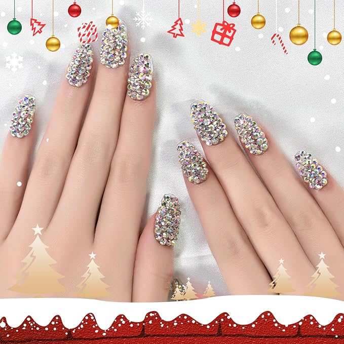 Handmade 24pcs Full 3D Rhinestone Press on False Nails Medium length Coffin Fake Nails Salon DIY Manicure Reusable Acrylic Shiny Crystal Nail Art Tips Gift for Women Girls