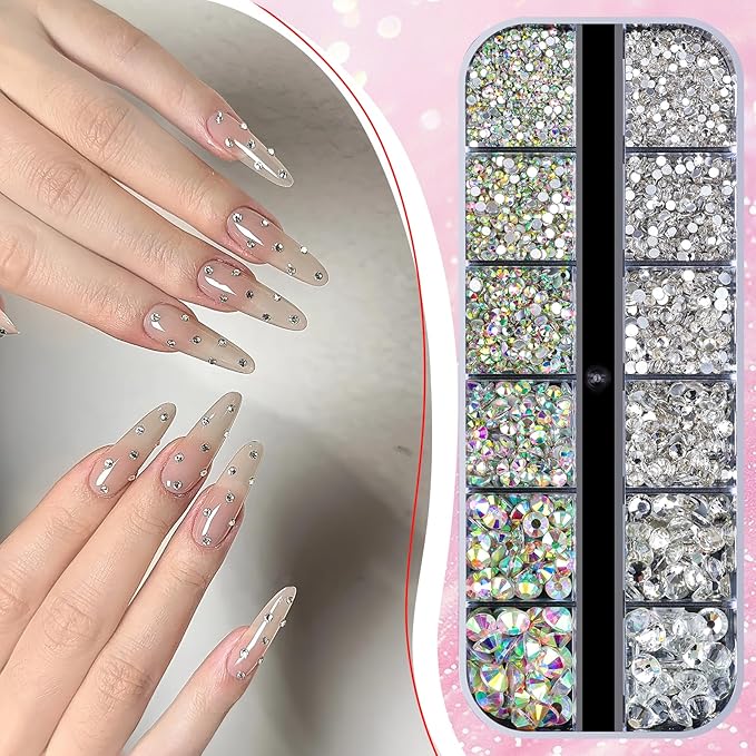 2500Pcs Clear AB Rhinestones for Bedazzling Kit, 1.5/2/2.5/3/4.5/6mm Mix Sizes Bedazzling Resin Gems Flatback Crystal Rhinestones with Pickup Tools for Manicure Crafts DIY (5-K1-glass-rhinestones)