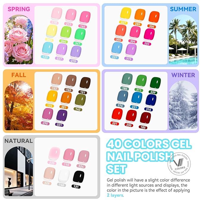 VANREESA 84 Pcs Gel Nail Polish Kit with U V Light and Almond Nail Tips -40 All Seasons Colors Gel Polish Set with 5 Pcs Base Top Coat Gel Nail Kit for Beginners with Everything Gifts for Women