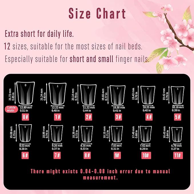 NOVO OVO 240pcs Duck Feet Nail Tips for Small and Medium Hand, Extra Short Full Cover Press On Acrylic, Clear Full Coverage Thick Flare French Soft Gel Fake False Nail Extension x 12 Sizes