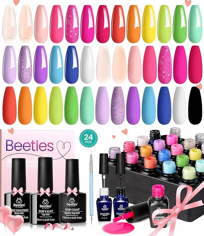 Beetles Summer Gel Nail Polish Set 24pcs Jelly Neon Hot Pink Orange Green Blue Purple Color with White Black Liner Gel Polish and Base Top Coat Nail Art Pen Gifts for Women Fancy Pop