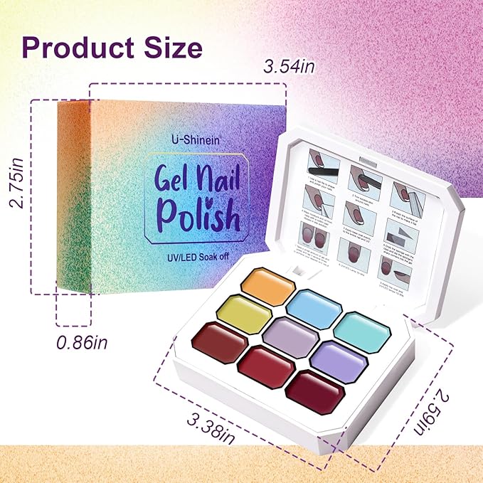Gradient Gel Nail Set, 9 Colors Ombre Gel Nail Polish with 6 Aurora Multi-Purpose Brushes for Pigment Pat Nails French Manicure Nail DIY Painting Soak Off UV F Tropic Dusk