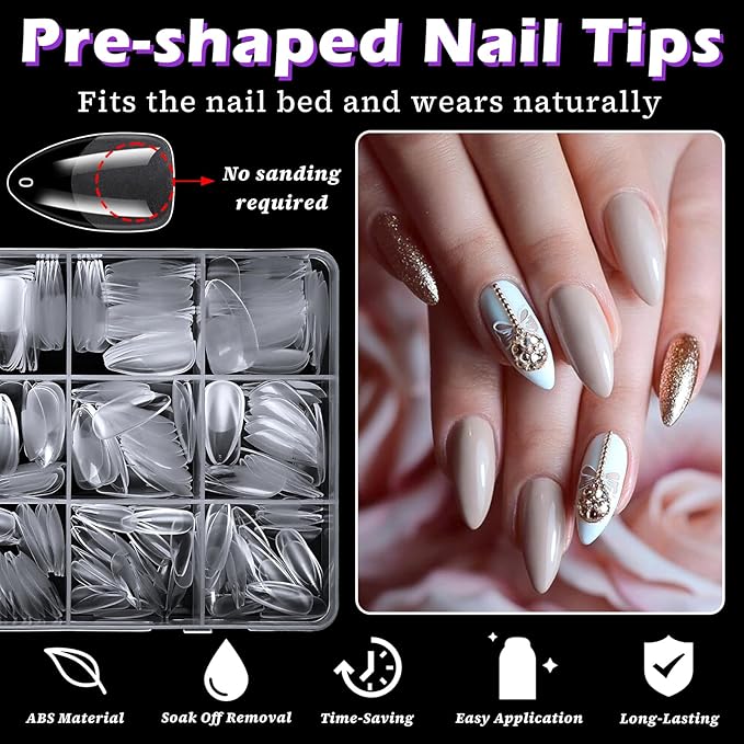 LoveOurHome 360pc Medium Almond Nail Tips Clear Fake Nails Medium Almond Gel Nail Tips Full Cover Acrylic Nails Clear Press on Nails Short False Nail 15 Sizes Fingernails for Gel Nail Extension