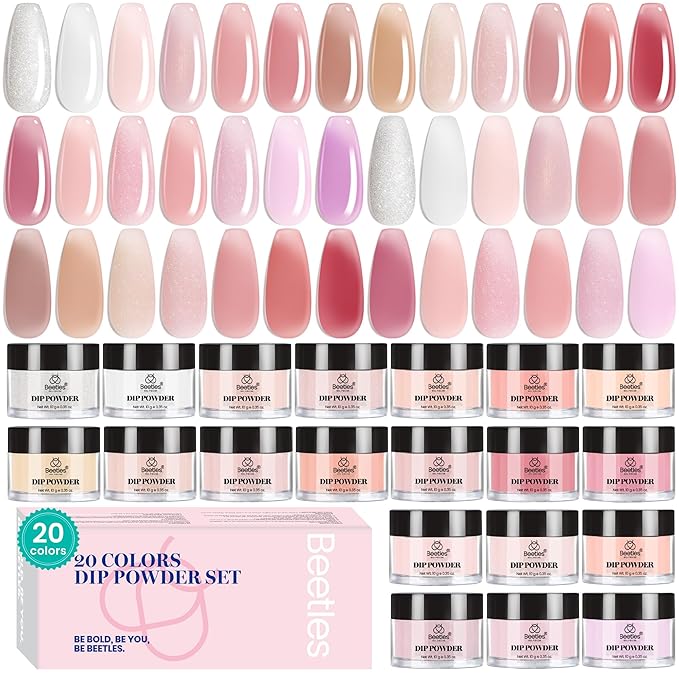 Beetles Pink Nude Dip Powder Nail Kit, 20 Colors Neutral Jelly Pink Sheer Glitter White Dip Nails Powder Starter Kit, Jelly Effect French Nail Art Starter Manicure Salon DIY Home Gift for Women
