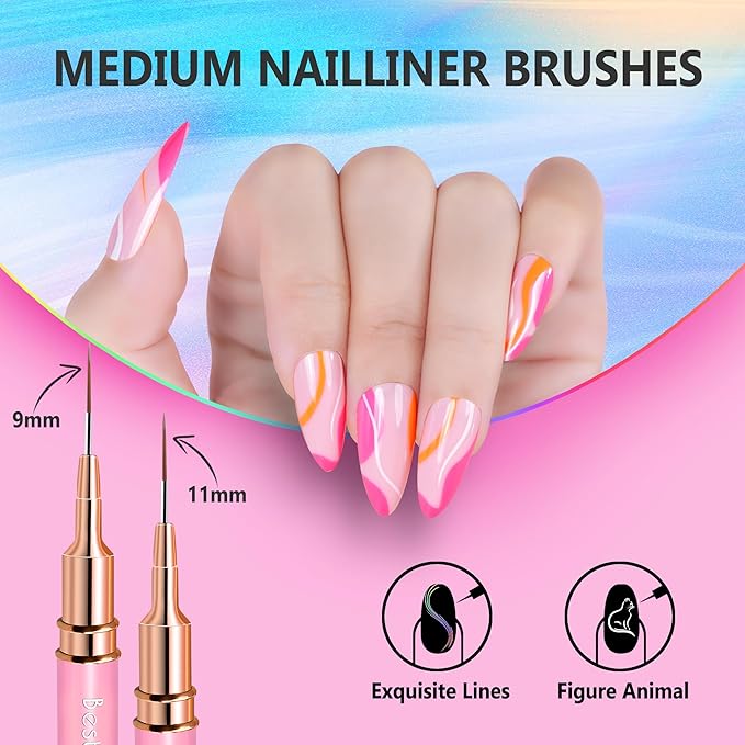 Nail Art Liner Brushes, 5Pcs Professional Gel Polish Painting Art Design Pen Set for Long Lines, Thin Details, Fine Drawing Sizes 5/7/9/11/20mm Nail Art Design Gift for Women(Pink)