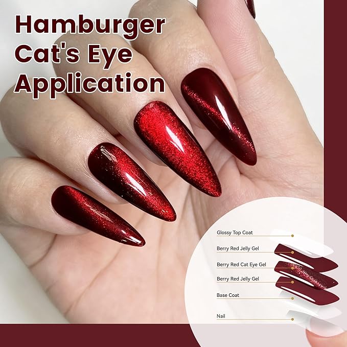 YTD Likomey Gel Nail Polish Set,Berry Red 2 Pcs 15ml Cat Eye Glitter and Translucent Blood Red Set,Fall Winter Magnetic Glitter Nude Neutral Jelly Fall Winter UV Varnish with Magnet Stick,0.5 Fl Oz