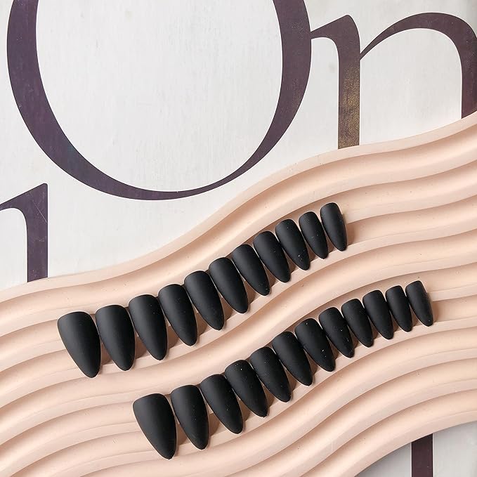 Matte Black Press on Nails Almond Shaped Medium Almond Nails Press on Neutral Acrylic Nails Reusable Fake Nails for Women, Glue on Nails Medium Length Stiletto False Nails Soft Gel Artificial Nails