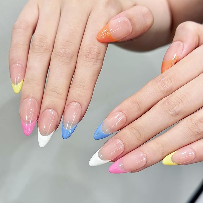 Colorful French Tip Press on Nails Medium Almond - Rainbow Edge Fake Nails Nude Sheer False Nails with Glossy Acrylic Stick on Nails for Women Girls (Colorful Nude French,M)
