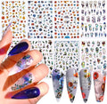 Flowers Nail Art Stickers, 3D Floral Flamingo Parrot Peacock Feather Nail Self-Adhesive Sticker Designs, Laser Glitter Flower Nail Transfer Decals Supplies for Women Girls Manicure Charms Decorations