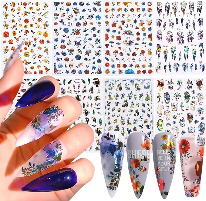 Flowers Nail Art Stickers, 3D Floral Flamingo Parrot Peacock Feather Nail Self-Adhesive Sticker Designs, Laser Glitter Flower Nail Transfer Decals Supplies for Women Girls Manicure Charms Decorations