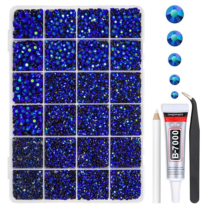 Sapphire Blue AB Resin Rhinestones w B7000 Glue for Bedazzling Crafting 2mm-6mm Flatback Jelly Stones Diamonds Gems Bedazzler Kit for Nails Face Eyes Makeup Tumblers Bottles DIY Crafts Shoes