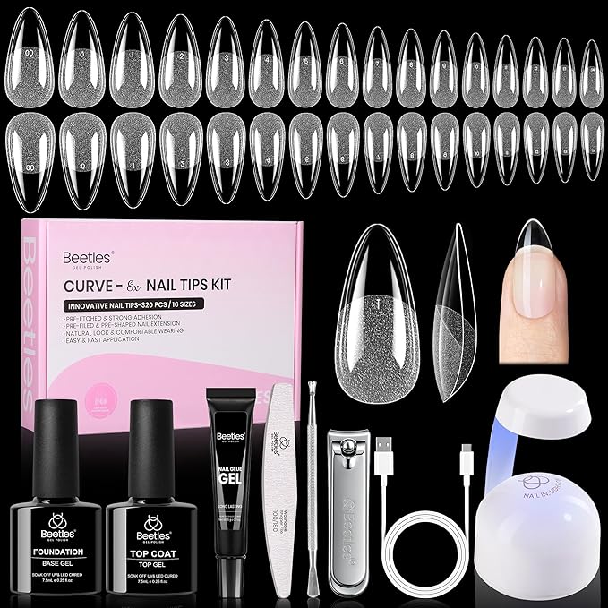 Beetles Gel Nail Kit Curve-EX, Almond Medium, 320pcs 16 Sizes Nail tips, with 15g Nail Glue Gel Hands-Free, 7.5ml Base Gel & Top Coat, Mini Lamp, for Acrylic Press On Nail, Extension DIY Set at Home