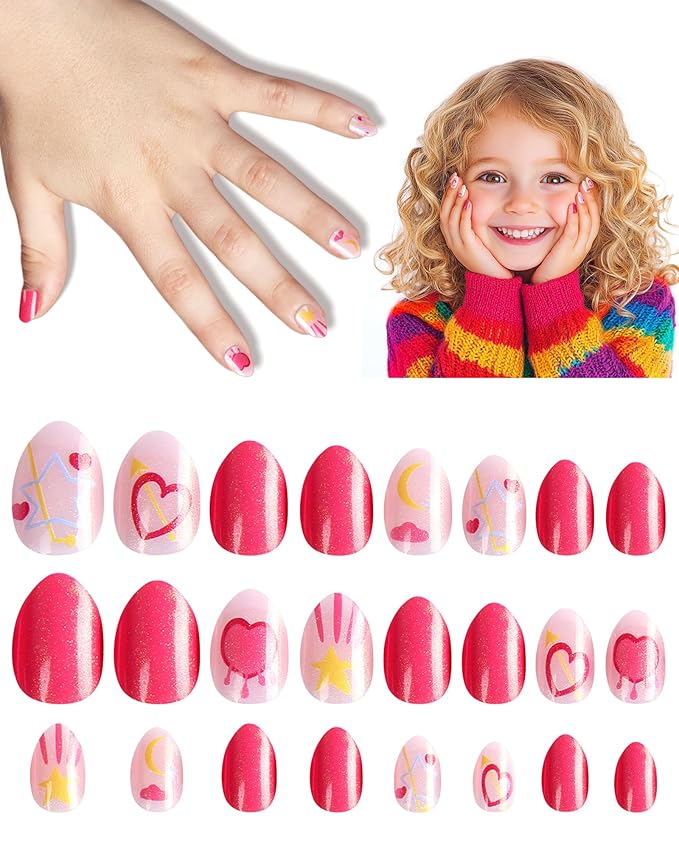 Cute Press on Nails for Kids,Girls Trendy Stuff Fake Nail Kit for Ages 6-12, Pre-glue Glitter Short Acrylic Nail Stick on Nails, Great for Girl Birthday Gifts, Parties&Makeovers Decoration