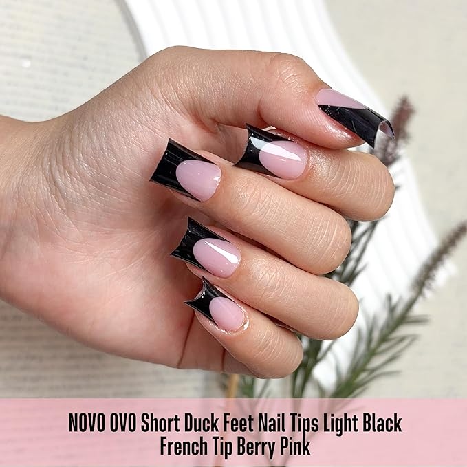 NOVO OVO Duck Nails Short with Moon Curve Black French Tips Berry Pink, 240Pcs Soft Gel Flare Wide French Full Cover False Nail Tips, Press on Acrylic Extension (15 Sizes)