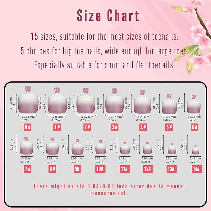 NOVO OVO Fake Toe Nail Tips Press on, French Tip Soft Gel Toenail Extension, BERRY OMBRE Square Round Pre-applied Tip Primer & Base Coat, Full Cover Matte False Nails for DIY x 15 Sizes 360Pcs