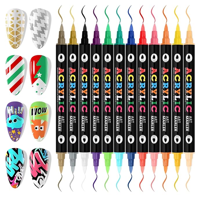 EBANKU 24 Colors Nail Art Pens, 3D Double Head Quick-Drying Nail Art Markers Acrylic Paint Nail Point Dotting Liner Pen No Squeeze Needed for Christmas Party