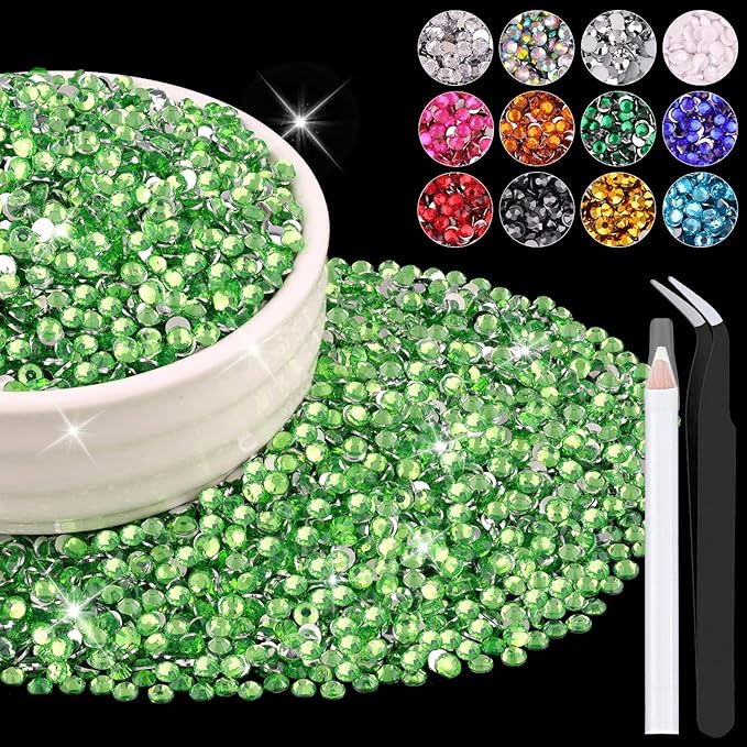 12000PCS 2mm Resin Rhinestones Bulk for Crafting (Light Green), Flatback Bedazzling Crystals for Crafts DIY Nail Decoration, Gems Charms for Tumbler Shoes Clothing Fabric with Pickup Pen and Tweezers