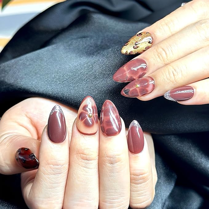 Press On Nails Short Almond Brown Marble & Leopard Nail Art with French Tip | Reusable Soft Gel Nails in 15 Sizes -30 Nail Kit with Glue | Designed in L.A, Handmade in Vietnam| Chocolate Kiss