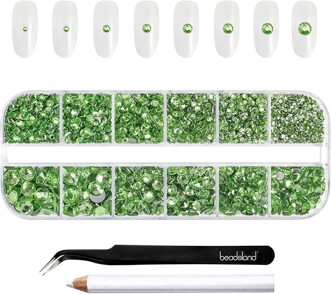 Beadsland Rhinestones for Makeup,8 Sizes 2500pcs Light Green Flatback Rhinestones Face Gems for Nails Crafts with Tweezers and Wax Pencil,Peridot,SS4-SS30