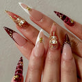 Almond Press on Nails Long Fake Nails French Red Artificial Nail with Rhinestones Designs Gold Charm Stick on Nail for Women 24pcs