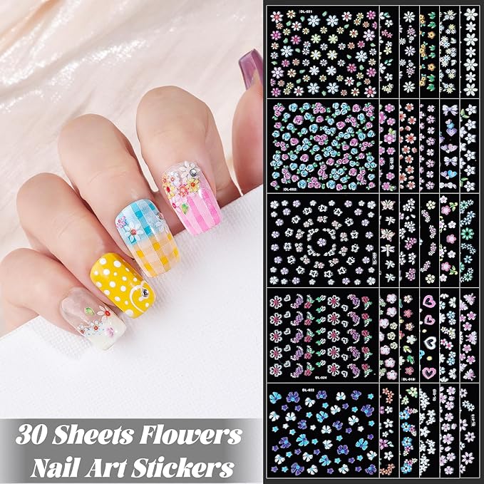 Nail Charms and Gems, Nail Art Kit with 30 Sheets Flower Nail Stickers, 6 Boxes 3D Nail Charms Colorful Clear Flatback Rhinestones Pearls, Diamonds,Picker Tools,Beads Pearls for Nails Art