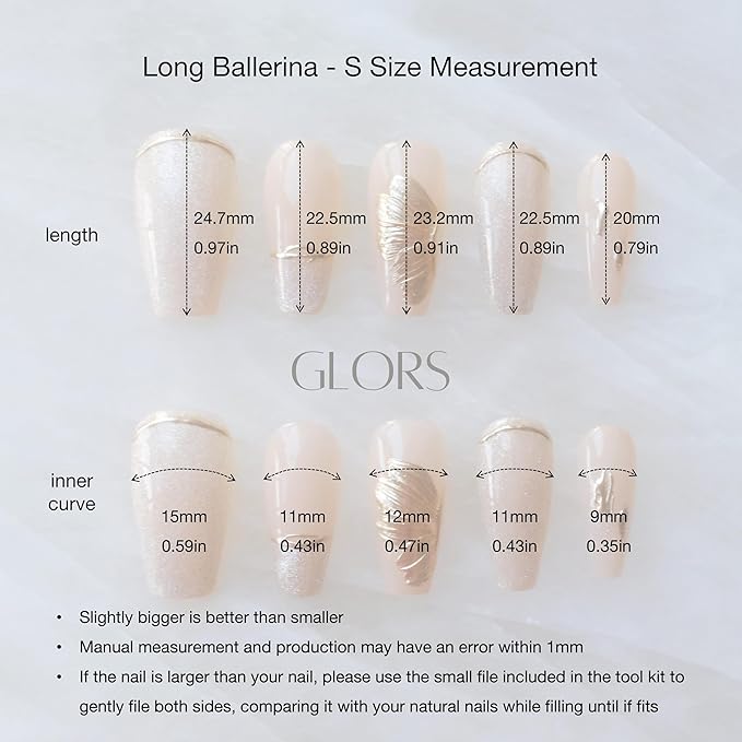 Press On Nails, Long Ballerina Style, Nude Pink with Gold Accents, 10 Pieces (Small,LB)
