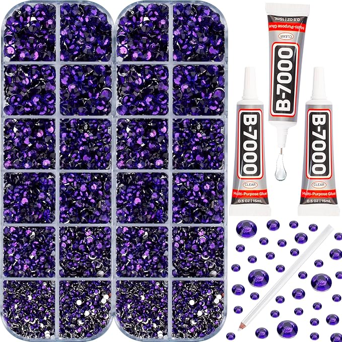 11000Pcs Purple 2/3/4/5mm Flatback Rhinestones with Glue for Bedazzling Crafting Clothing Clothes Crafts Shoes Nail Art, Dark Purple Resin Flat Back Gems Crystals Diamonds Gemstones Jewels Stones Kit