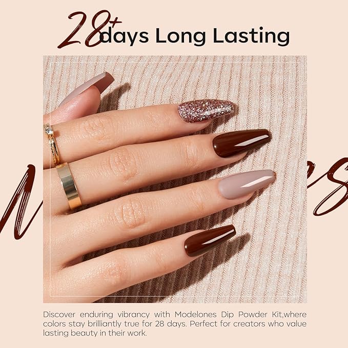 Modelones Dip Powder Nail Kit, 4 Colors Brown Glitter Dipping Starter Set with Liquid and Complete Accessories for French Nails Art Salon DIY at Home Manicure