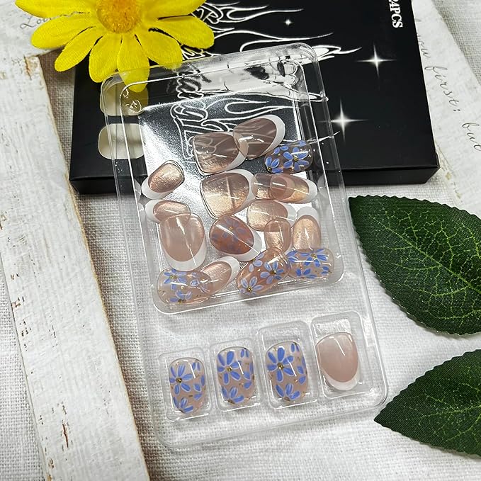 Blue Flowers Press on Nails Short Oval Fake Nails with Floral Designs White French Tip False Nail Glossy Full Cover Artificial Fingernails Spring Summer Stick on Nail for Women 24Pcs
